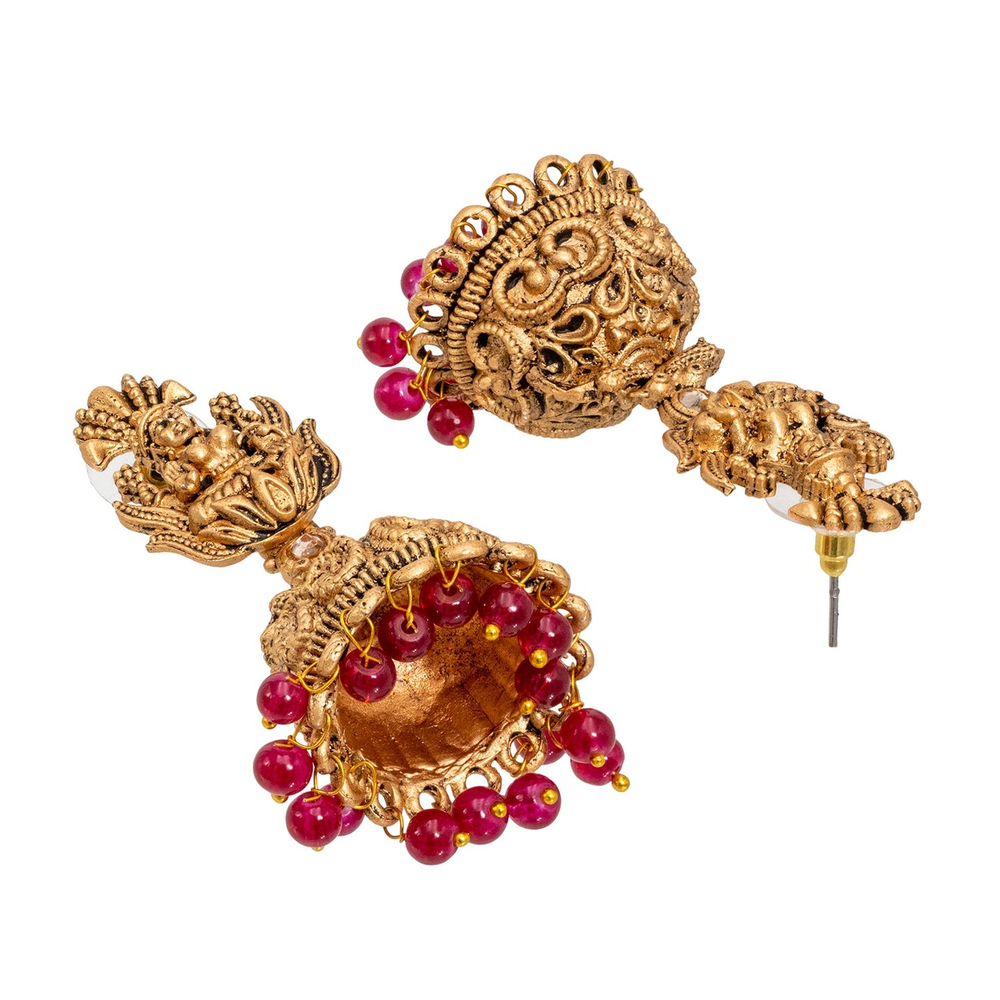 Traditional Indian Matte Gold Plated Oxidised CZ, Crystal Studded Temple Jhumka Earring For Women- Gold Maroon (SJE_205_G_M)