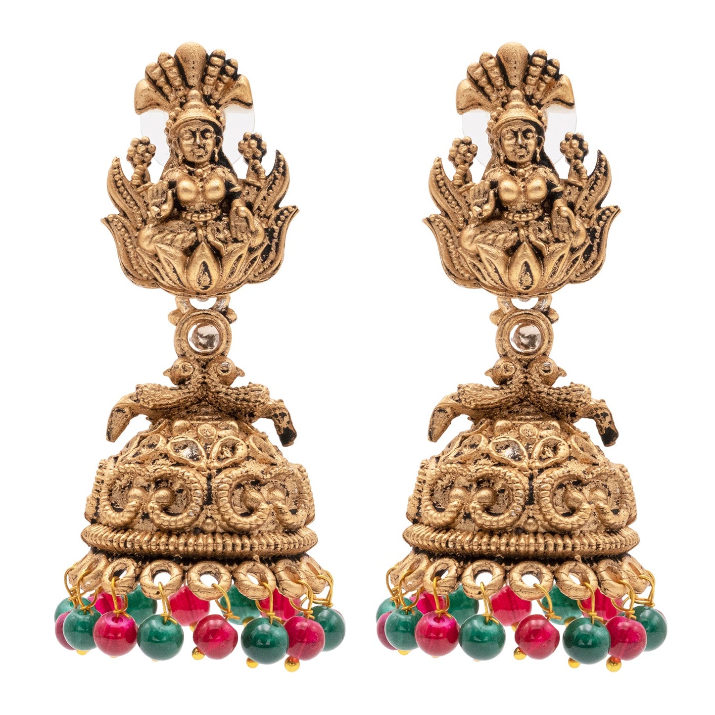 Traditional Indian Matte Gold Plated Oxidised CZ, Crystal Studded Temple Jhumka Earring For Women- Gold Ruby Green (SJE_205_G_R_G)