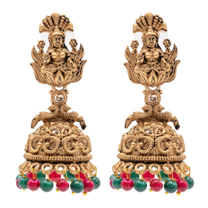 Traditional Indian Matte Gold Plated Oxidised CZ, Crystal Studded Temple Jhumka Earring For Women- Gold Ruby Green (SJE_205_G_R_G)