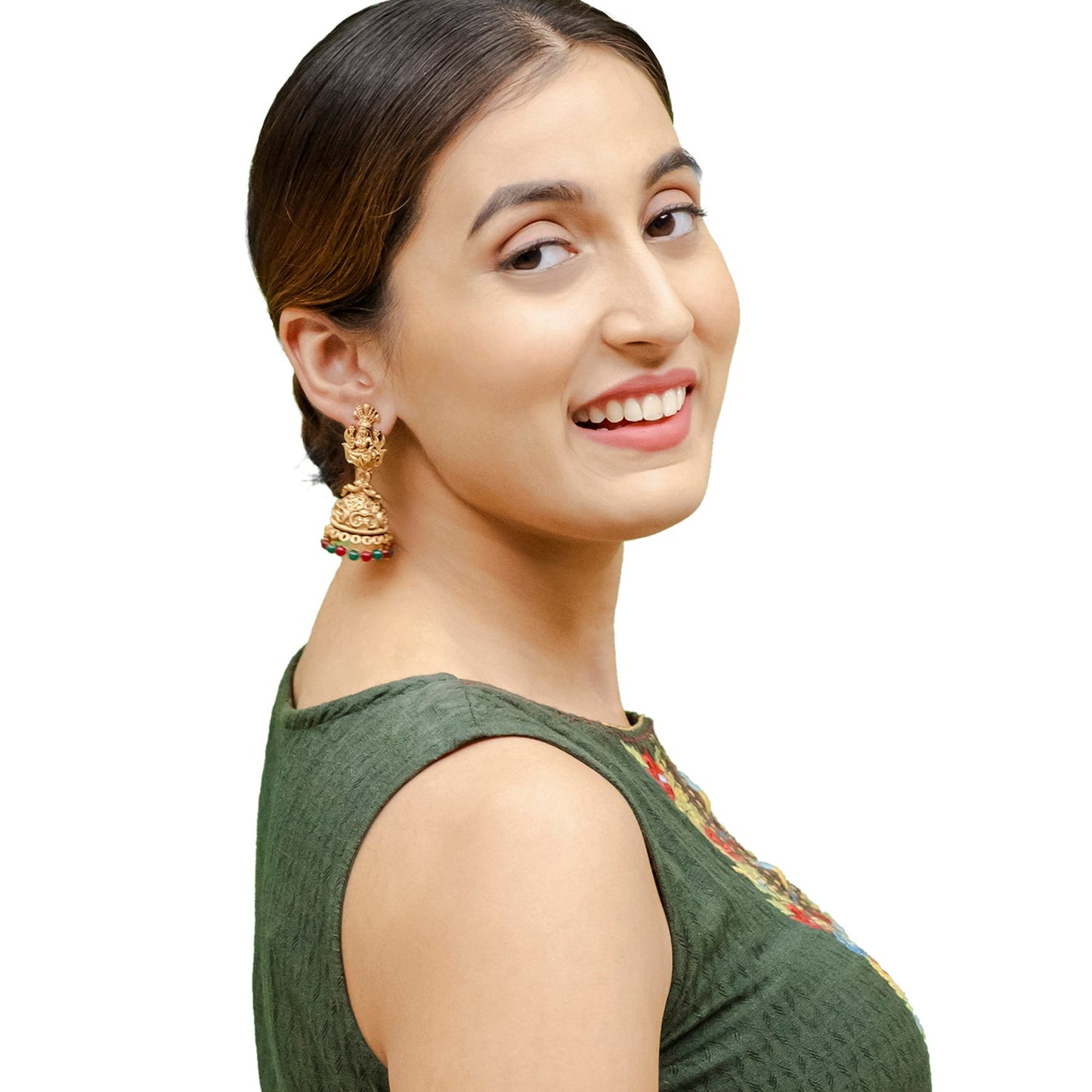 Traditional Indian Matte Gold Plated Oxidised CZ, Crystal Studded Temple Jhumka Earring For Women- Gold Ruby Green (SJE_205_G_R_G)