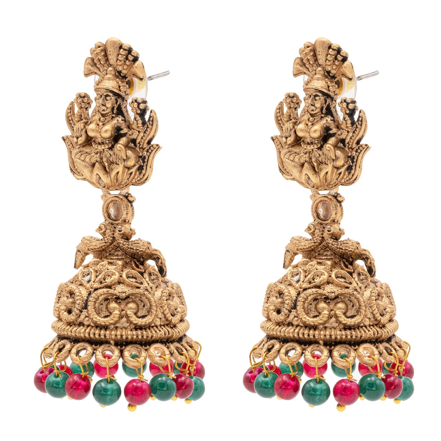 Traditional Indian Matte Gold Plated Oxidised CZ, Crystal Studded Temple Jhumka Earring For Women- Gold Ruby Green (SJE_205_G_R_G)