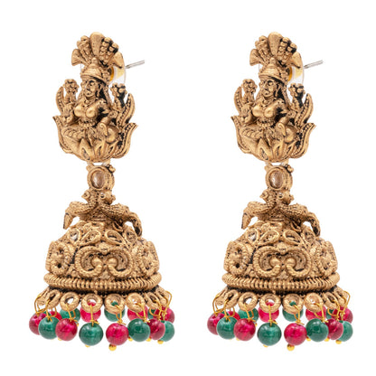 Traditional Indian Matte Gold Plated Oxidised CZ, Crystal Studded Temple Jhumka Earring For Women- Gold Ruby Green (SJE_205_G_R_G)