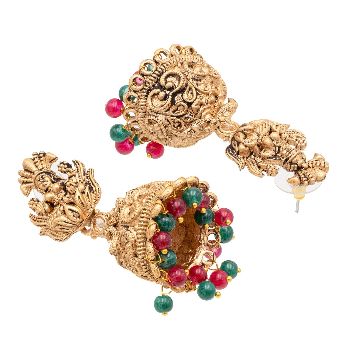 Traditional Indian Matte Gold Plated Oxidised CZ, Crystal Studded Temple Jhumka Earring For Women- Gold Ruby Green (SJE_205_G_R_G)