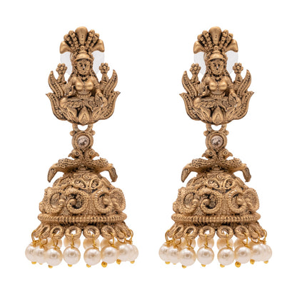 Traditional Indian Matte Gold Plated Oxidised CZ, Crystal Studded Temple Jhumka Earring For Women- Gold White (SJE_205_G_W)