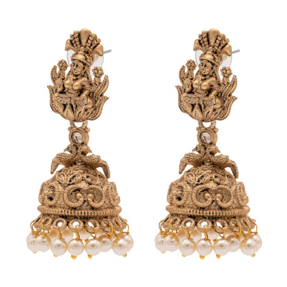 Traditional Indian Matte Gold Plated Oxidised CZ, Crystal Studded Temple Jhumka Earring For Women- Gold White (SJE_205_G_W)