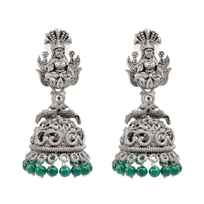 Traditional Indian Matte Silver Oxidised CZ Crystal Studded Temple Jhumka Earring For Women-Silver White (SJE_205_S_W)