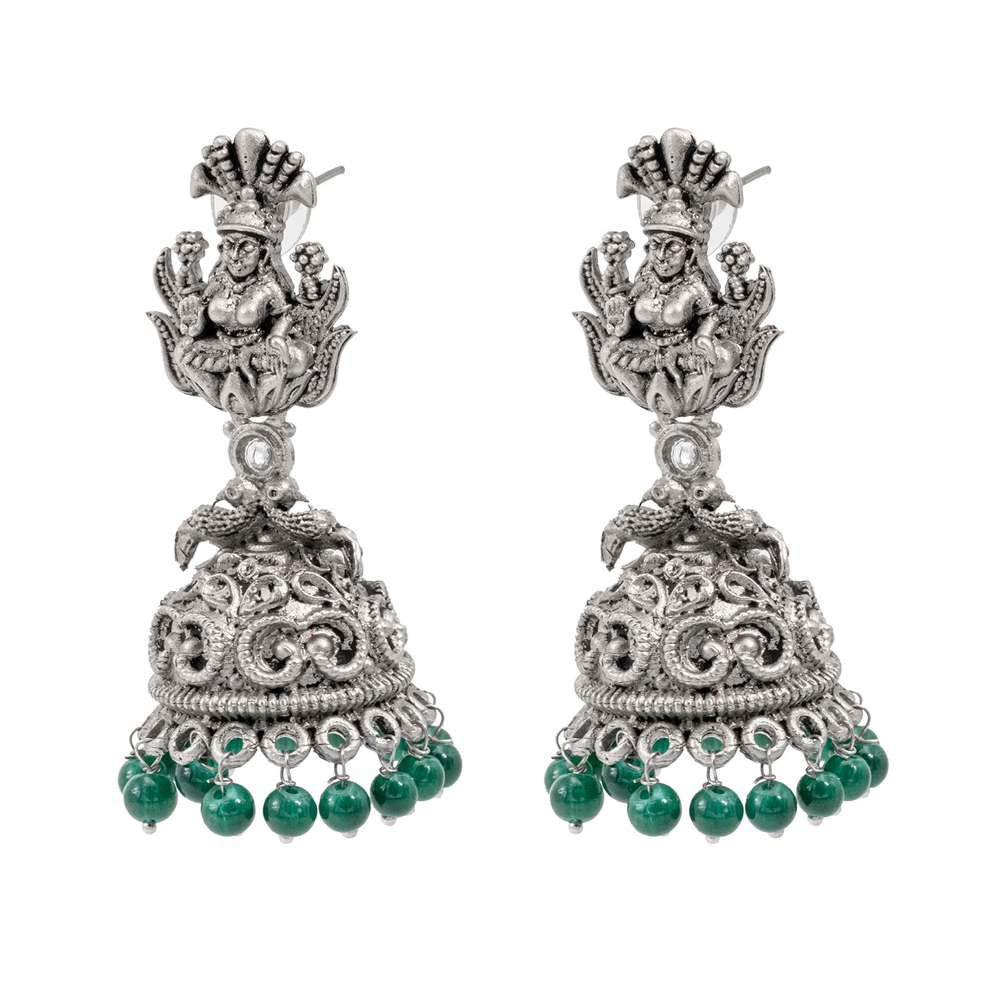 Traditional Indian Matte Silver Oxidised CZ Crystal Studded Temple Jhumka Earring For Women-Silver White (SJE_205_S_W)