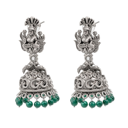 Traditional Indian Matte Silver Oxidised CZ Crystal Studded Temple Jhumka Earring For Women-Silver White (SJE_205_S_W)