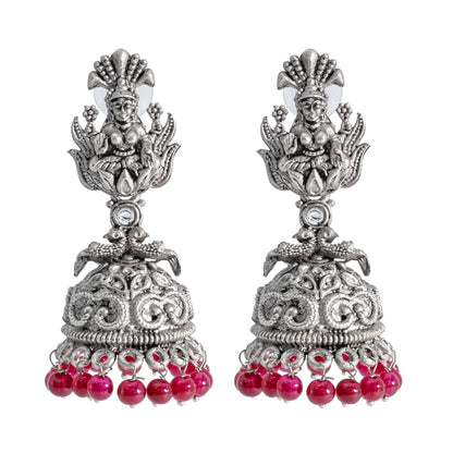 Traditional Indian Matte Silver Oxidised CZ Crystal Studded Temple Jhumka Earring For Women-Silver White (SJE_205_S_W)