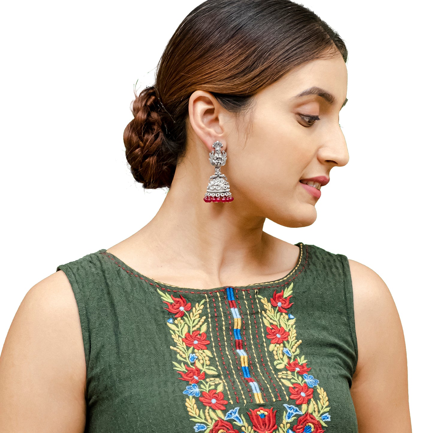 Traditional Indian Matte Silver Oxidised CZ Crystal Studded Temple Jhumka Earring For Women-Silver White (SJE_205_S_W)