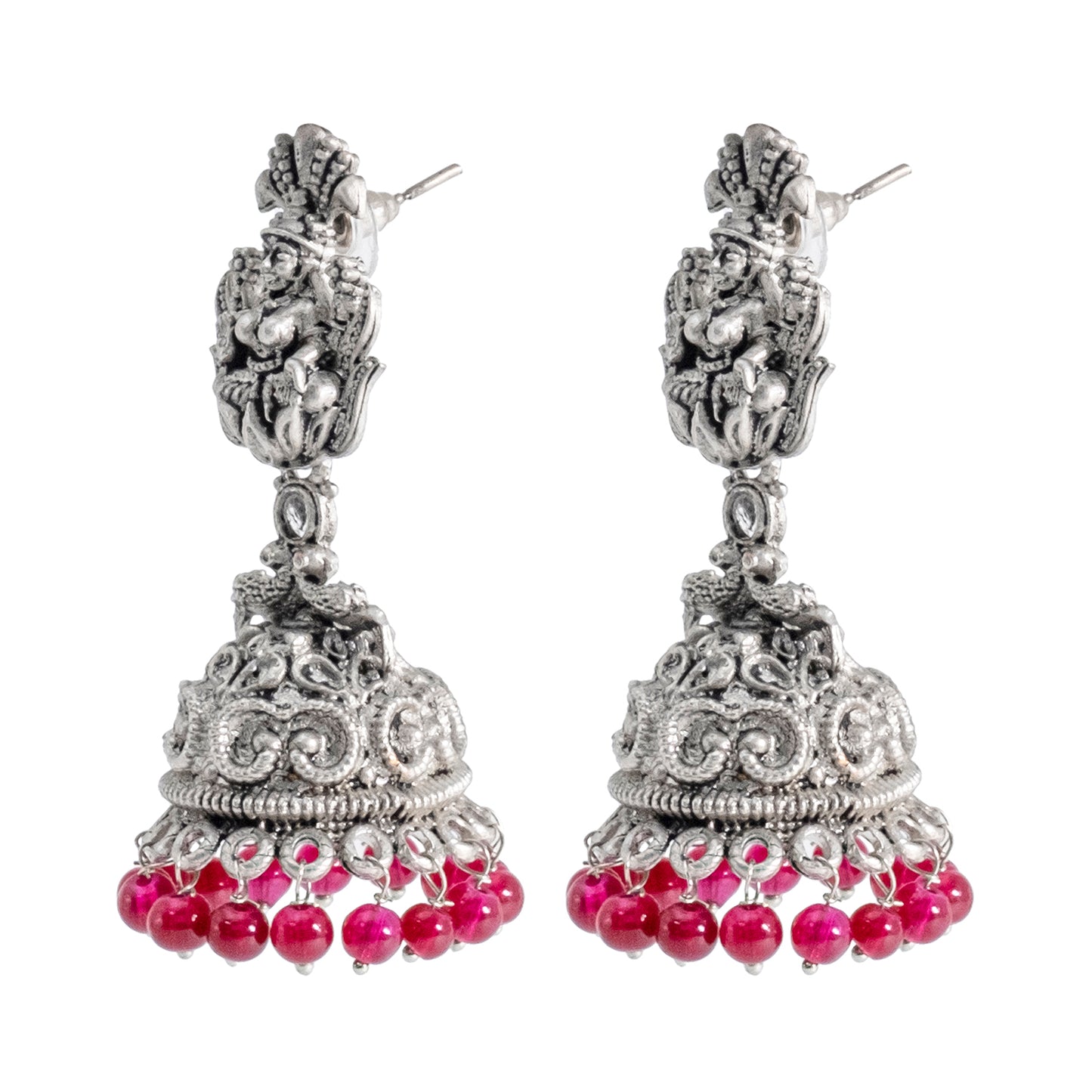 Traditional Indian Matte Silver Oxidised CZ Crystal Studded Temple Jhumka Earring For Women-Silver White (SJE_205_S_W)