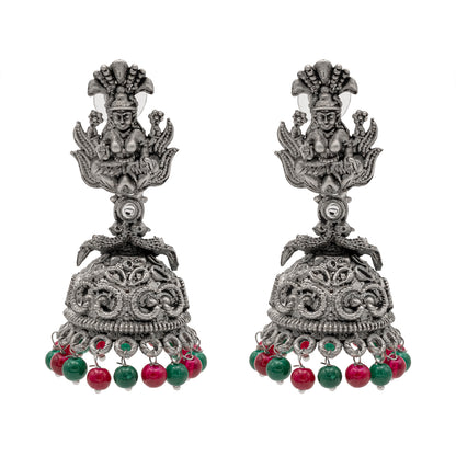 Traditional Indian Matte Silver Oxidised CZ Crystal Studded Temple Jhumka Earring For Women-Silver White (SJE_205_S_W)