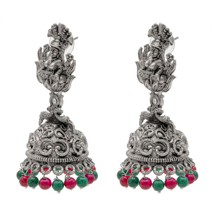 Traditional Indian Matte Silver Oxidised CZ Crystal Studded Temple Jhumka Earring For Women-Silver White (SJE_205_S_W)