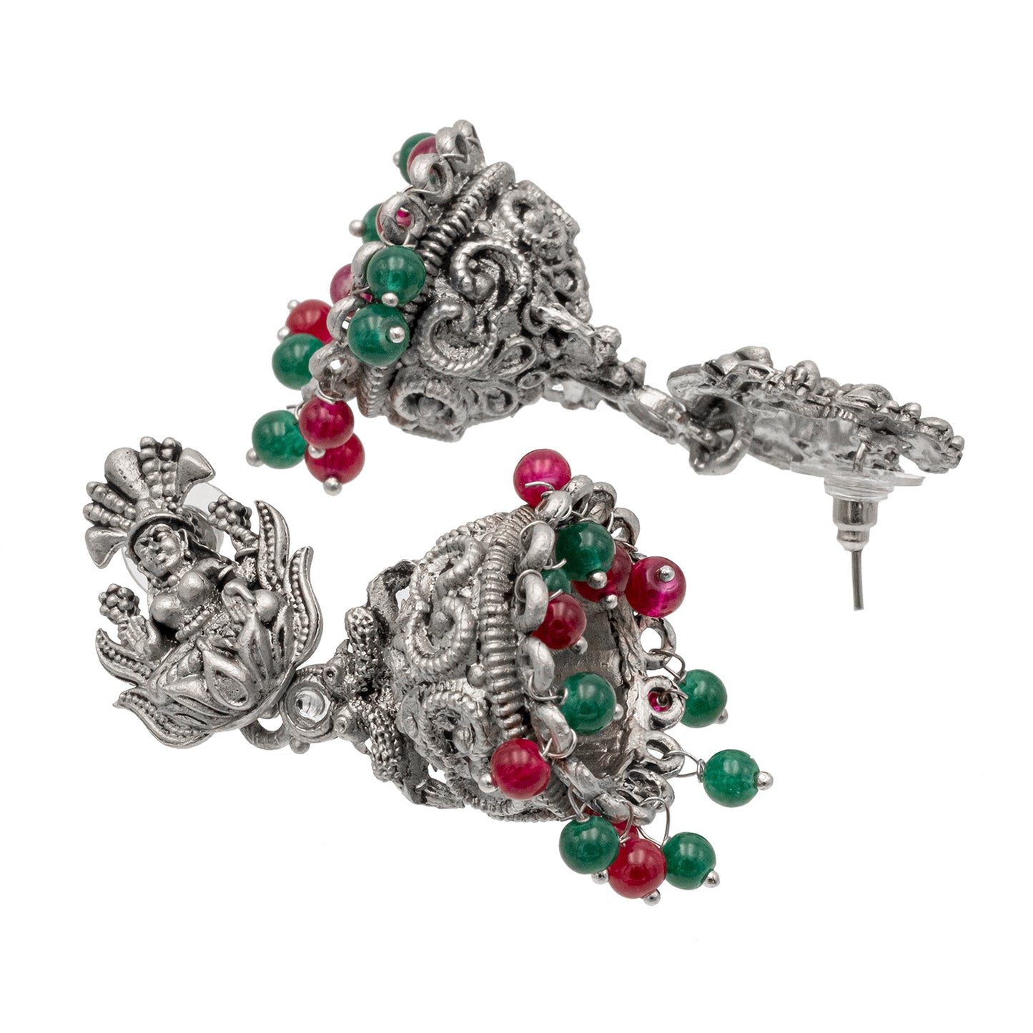 Traditional Indian Matte Silver Oxidised CZ Crystal Studded Temple Jhumka Earring For Women-Silver White (SJE_205_S_W)