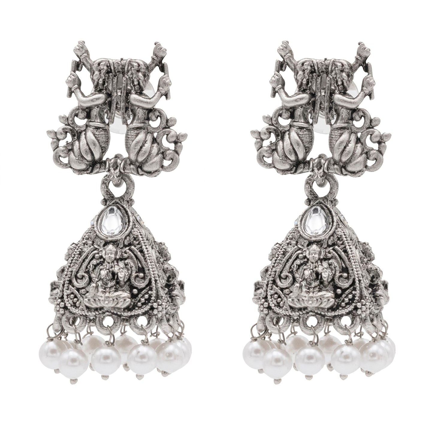 Traditional Indian Matte Silver Oxidised CZ, Crystal Studded Temple Jhumka Earring For Women - Silver White (SJE_206_S_W)