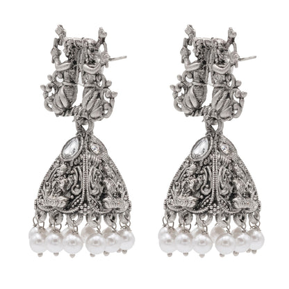 Traditional Indian Matte Silver Oxidised CZ, Crystal Studded Temple Jhumka Earring For Women - Silver White (SJE_206_S_W)