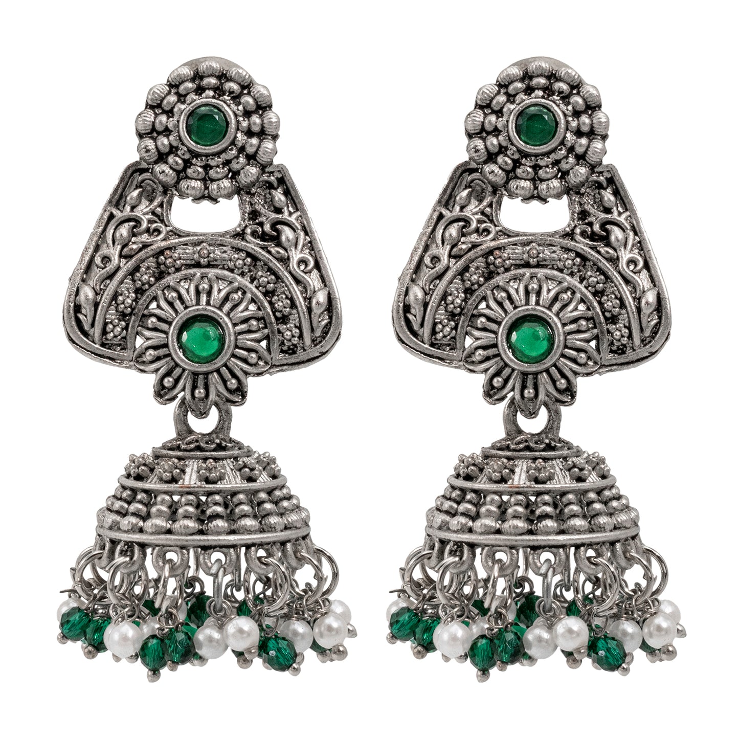 Traditional Indian Matte Silver Oxidised CZ Crystal Studded Jhumka Earring For Women (SJE_207_S_M)