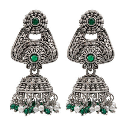 Traditional Indian Matte Silver Oxidised CZ Crystal Studded Jhumka Earring For Women (SJE_207_S_M)