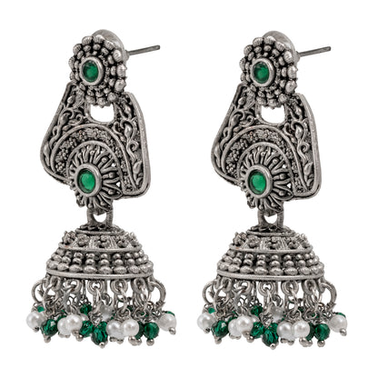 Traditional Indian Matte Silver Oxidised CZ Crystal Studded Jhumka Earring For Women (SJE_207_S_M)