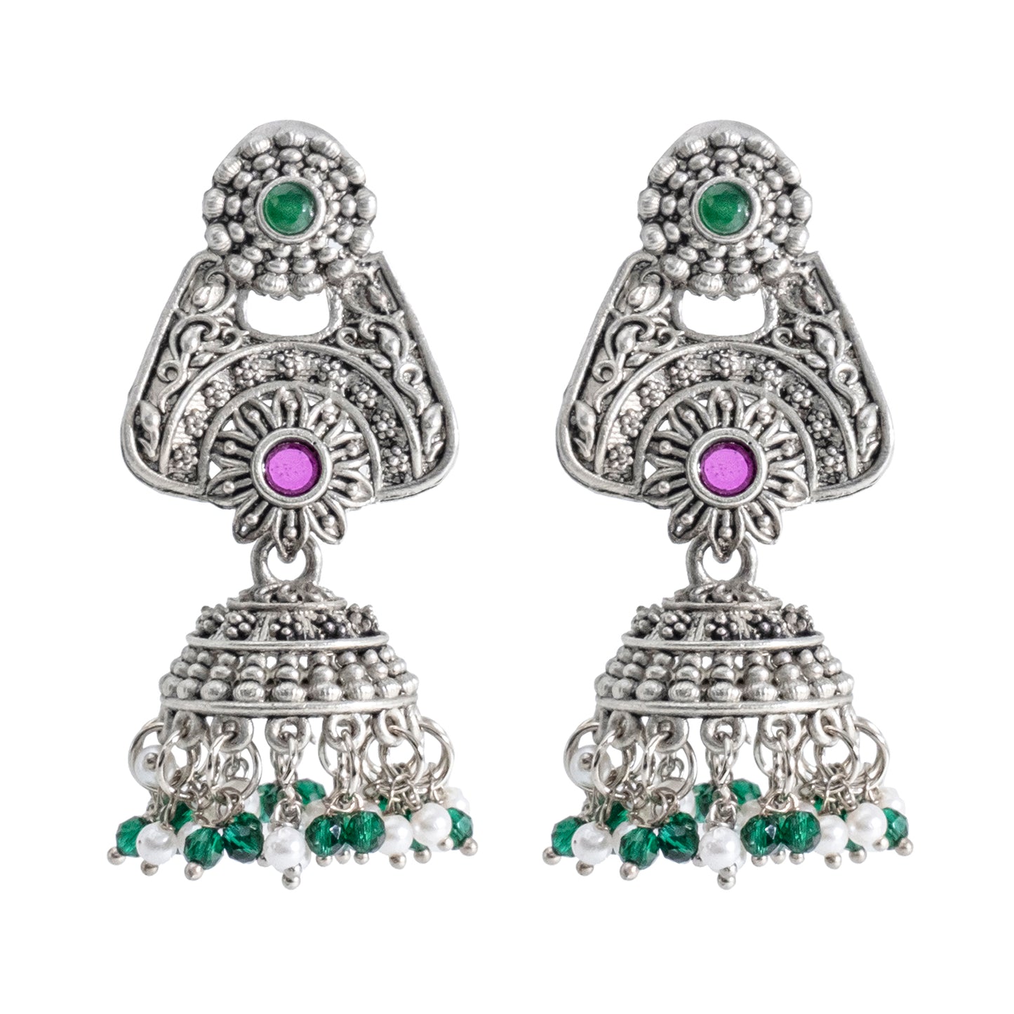 Traditional Indian Matte Silver Oxidised CZ Crystal Studded Jhumka Earring For Women (SJE_207_S_M)