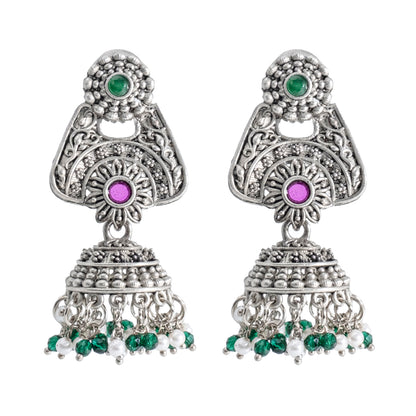 Traditional Indian Matte Silver Oxidised CZ Crystal Studded Jhumka Earring For Women (SJE_207_S_M)