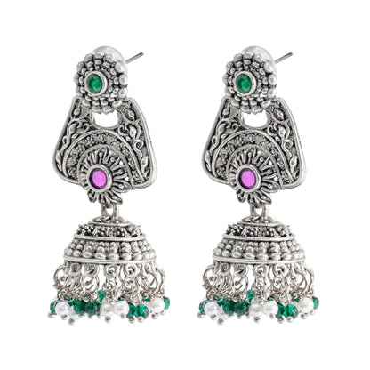 Traditional Indian Matte Silver Oxidised CZ Crystal Studded Jhumka Earring For Women (SJE_207_S_M)