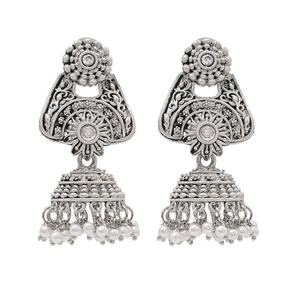 Traditional Indian Matte Silver Oxidised CZ Crystal Studded Jhumka Earring For Women (SJE_207_S_M)