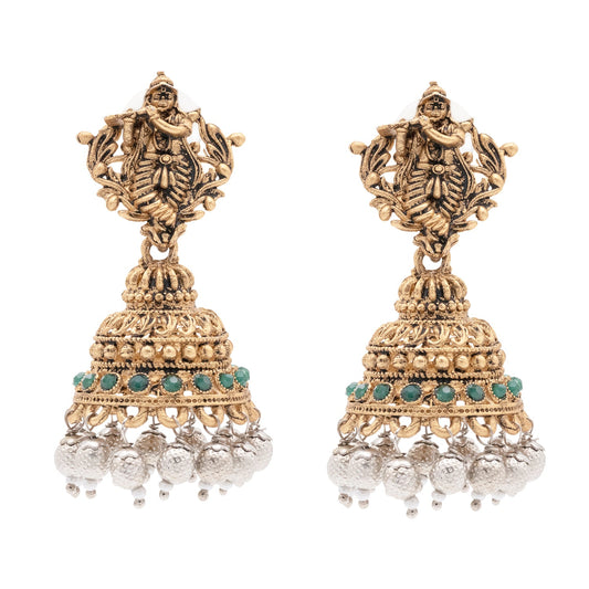 Traditional Indian Matte Gold Oxidised CZ, Crystal Studded Temple Jhumka Earring For Women - Gold Green (SJE_208_G_G)