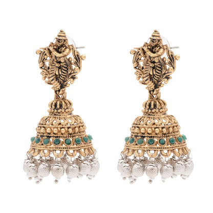 Traditional Indian Matte Gold Oxidised CZ, Crystal Studded Temple Jhumka Earring For Women - Gold Green (SJE_208_G_G)