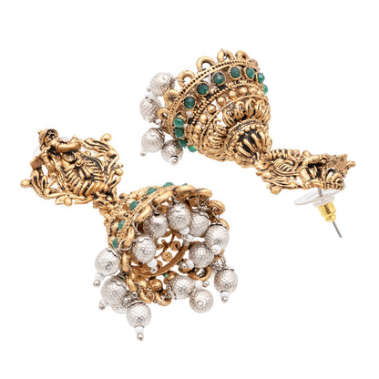 Traditional Indian Matte Gold Oxidised CZ, Crystal Studded Temple Jhumka Earring For Women - Gold Green (SJE_208_G_G)