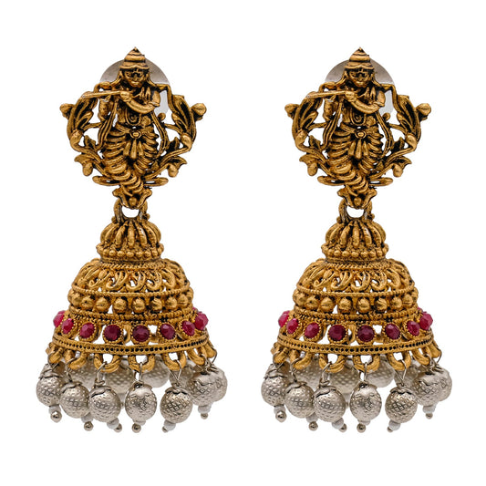 Traditional Indian Matte Gold Oxidised CZ, Crystal Studded Temple Jhumka Earring For Women - Gold Maroon (SJE_208_G_M)