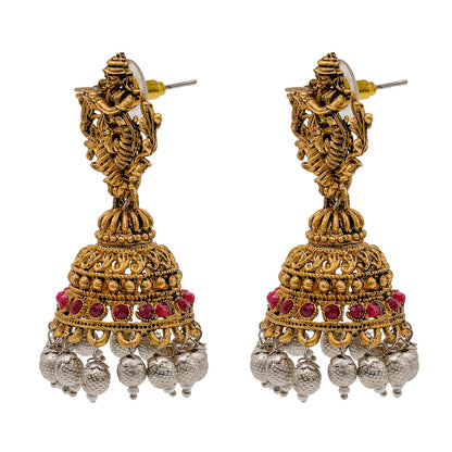 Traditional Indian Matte Gold Oxidised CZ, Crystal Studded Temple Jhumka Earring For Women - Gold Maroon (SJE_208_G_M)