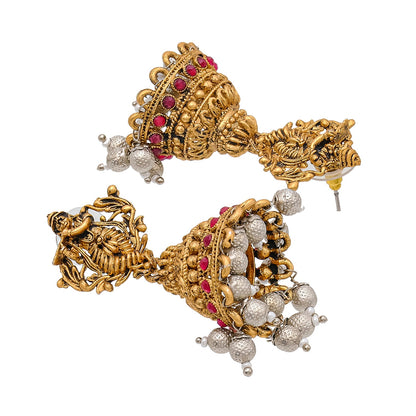 Traditional Indian Matte Gold Oxidised CZ, Crystal Studded Temple Jhumka Earring For Women - Gold Maroon (SJE_208_G_M)