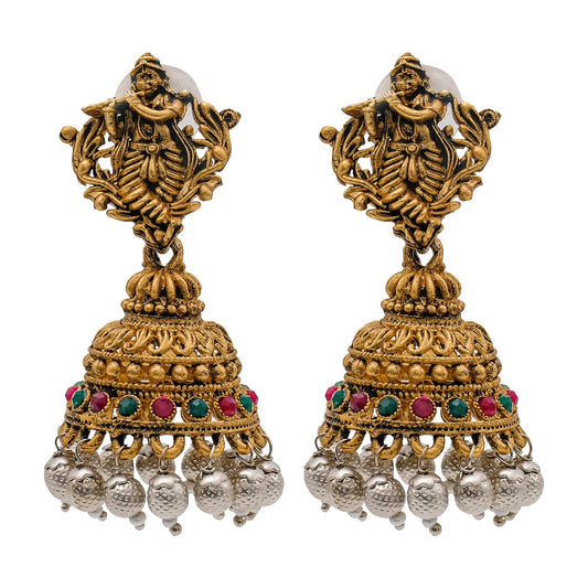 Traditional Indian Matte Gold Oxidised CZ, Crystal Studded Temple Jhumka Earring For Women - Gold RubyGreen (SJE_208_G_R_G)