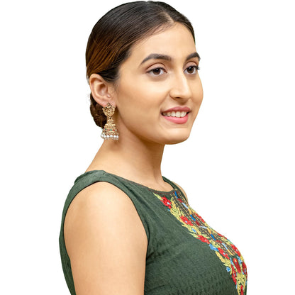 Traditional Indian Matte Gold Oxidised CZ, Crystal Studded Temple Jhumka Earring For Women - Gold RubyGreen (SJE_208_G_R_G)