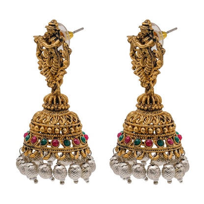 Traditional Indian Matte Gold Oxidised CZ, Crystal Studded Temple Jhumka Earring For Women - Gold RubyGreen (SJE_208_G_R_G)