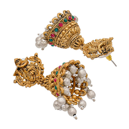Traditional Indian Matte Gold Oxidised CZ, Crystal Studded Temple Jhumka Earring For Women - Gold RubyGreen (SJE_208_G_R_G)