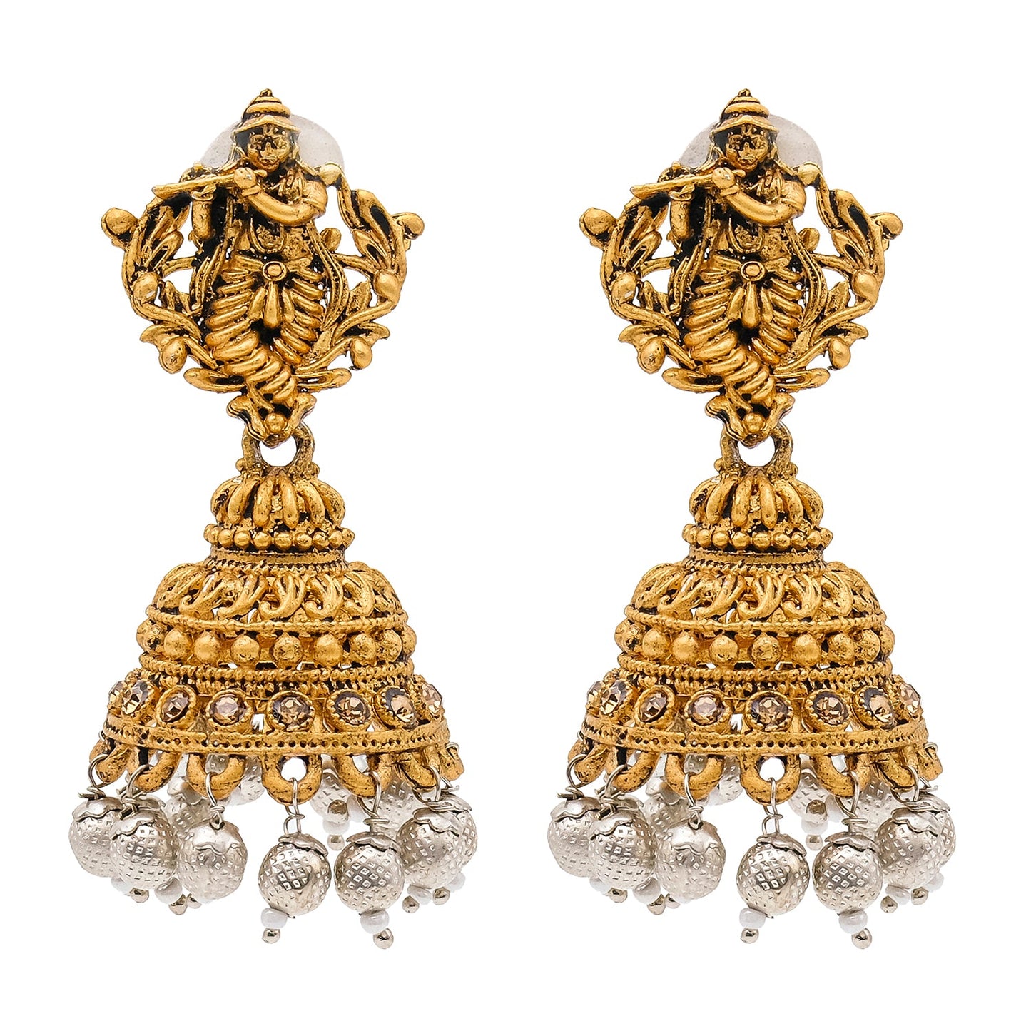 Traditional Indian Matte Gold Oxidised CZ, Crystal Studded Temple Jhumka Earring For Women - Gold White (SJE_208_G_W)