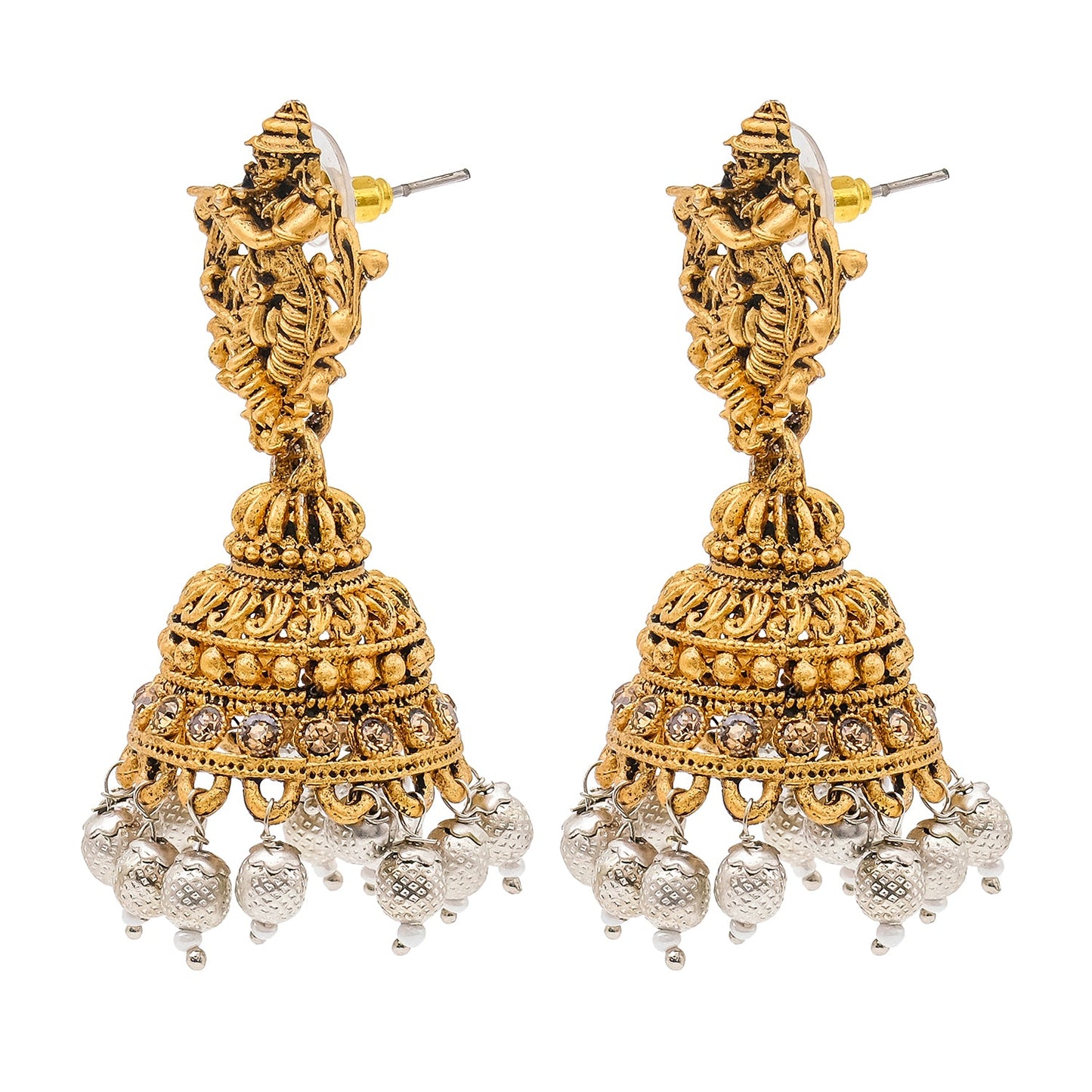 Traditional Indian Matte Gold Oxidised CZ, Crystal Studded Temple Jhumka Earring For Women - Gold White (SJE_208_G_W)