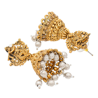 Traditional Indian Matte Gold Oxidised CZ, Crystal Studded Temple Jhumka Earring For Women - Gold White (SJE_208_G_W)