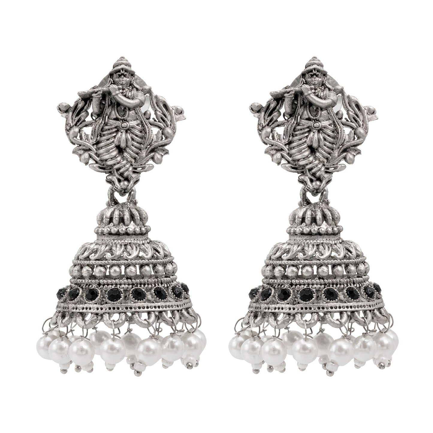 Traditional Indian Matte Silver Oxidised CZ, Crystal Studded Temple Jhumka Earring For Women - Silver Black (SJE_208_S_BK)