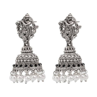 Traditional Indian Matte Silver Oxidised CZ, Crystal Studded Temple Jhumka Earring For Women - Silver Black (SJE_208_S_BK)