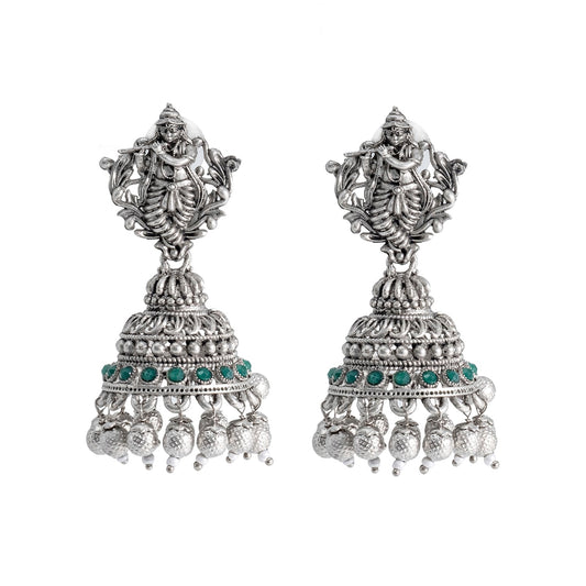 Traditional Indian Matte Silver Oxidised CZ, Crystal Studded Temple Jhumka Earring For Women - Silver Green (SJE_208_S_G)