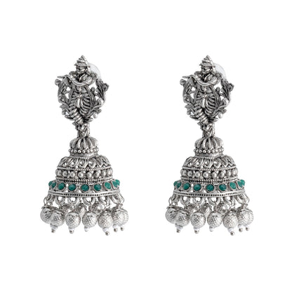 Traditional Indian Matte Silver Oxidised CZ, Crystal Studded Temple Jhumka Earring For Women - Silver Green (SJE_208_S_G)