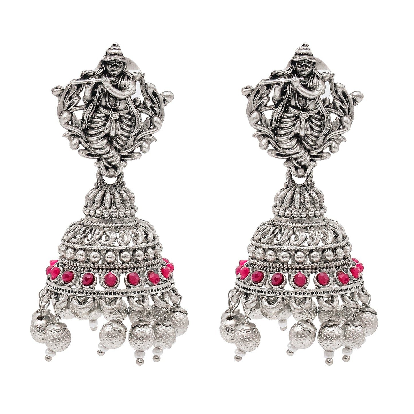 Traditional Indian Matte Silver Oxidised CZ, Crystal Studded Temple Jhumka Earring For Women - Silver Maroon (SJE_208_S_M)