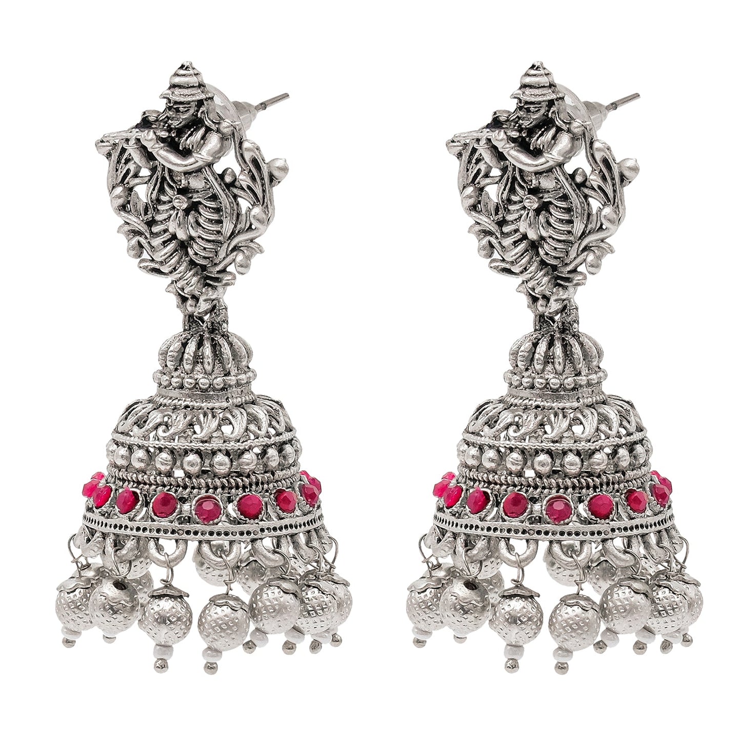 Traditional Indian Matte Silver Oxidised CZ, Crystal Studded Temple Jhumka Earring For Women - Silver Maroon (SJE_208_S_M)