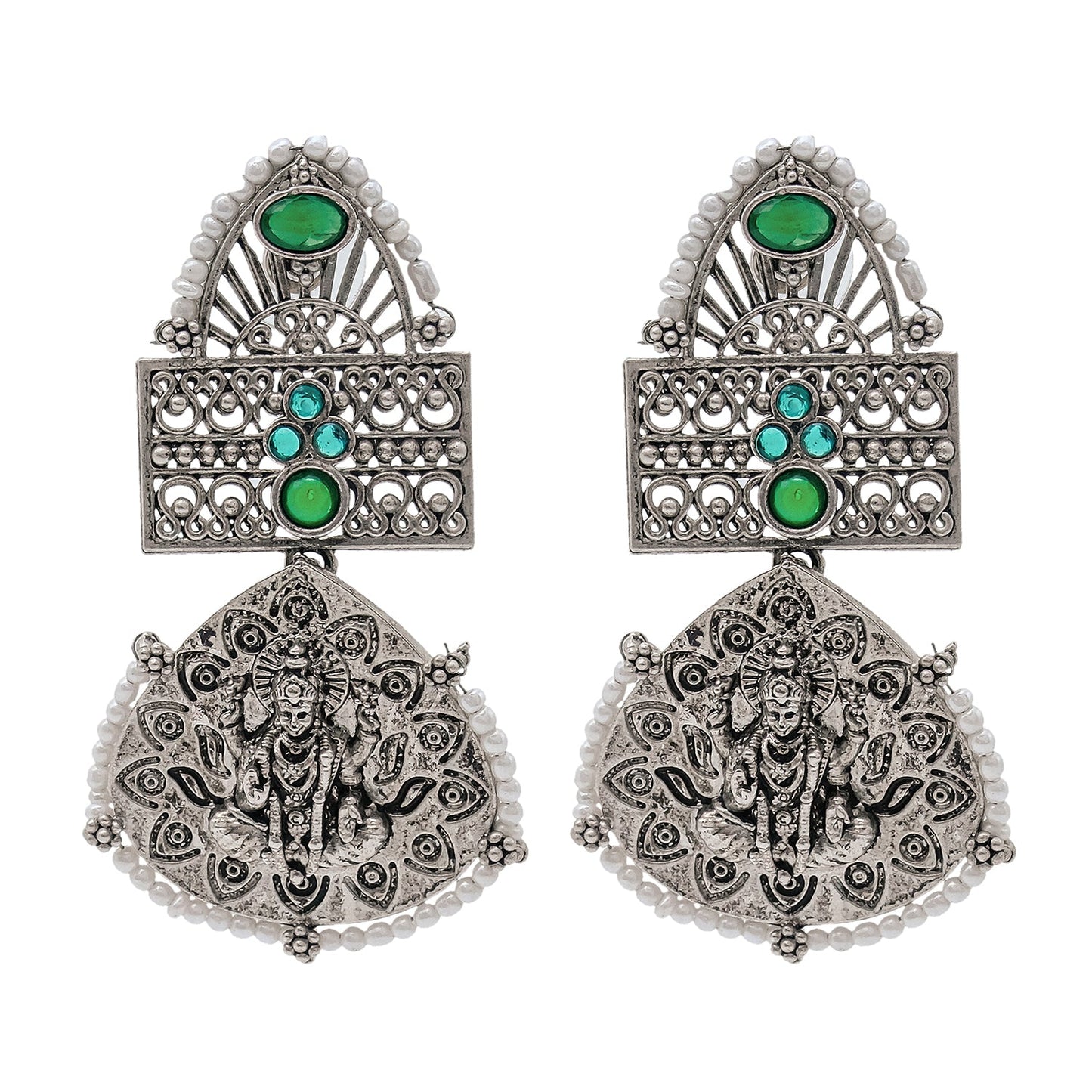 Traditional Indian Matte Silver Oxidised CZ, Crystal Studded Leaf Laxmi Temple Earring For Women- Silver Green (SJE_209_S_G)