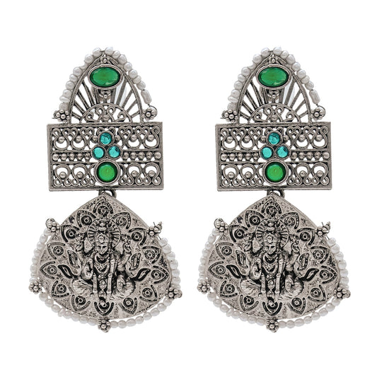 Traditional Indian Matte Silver Oxidised CZ, Crystal Studded Leaf Laxmi Temple Earring For Women- Silver Green (SJE_209_S_G)