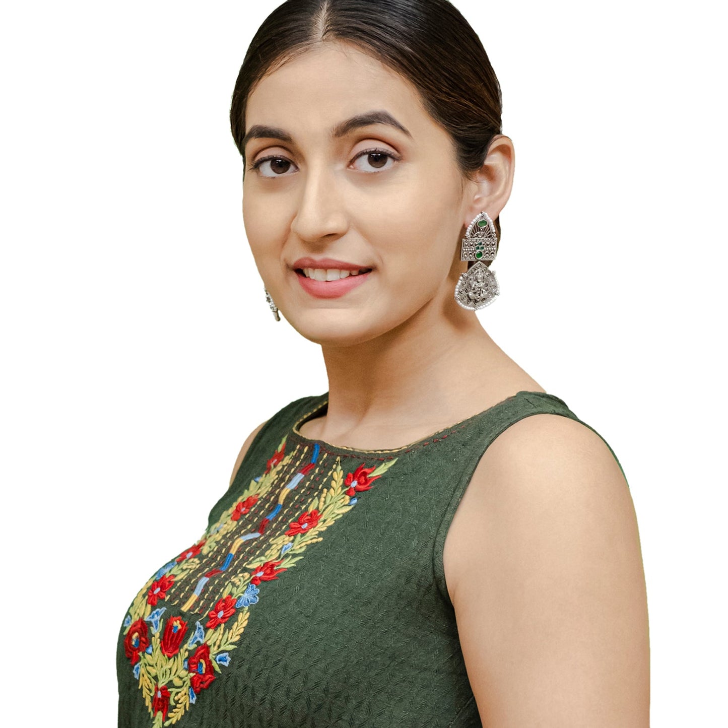 Traditional Indian Matte Silver Oxidised CZ, Crystal Studded Leaf Laxmi Temple Earring For Women- Silver Green (SJE_209_S_G)