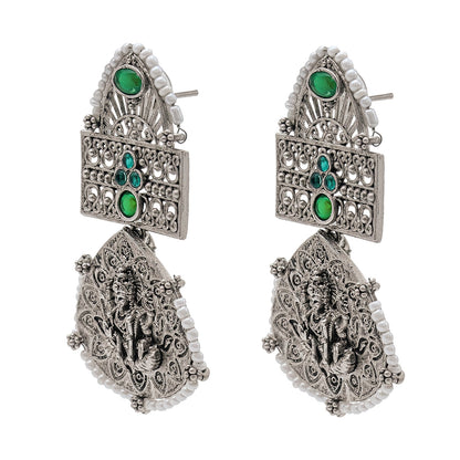 Traditional Indian Matte Silver Oxidised CZ, Crystal Studded Leaf Laxmi Temple Earring For Women- Silver Green (SJE_209_S_G)